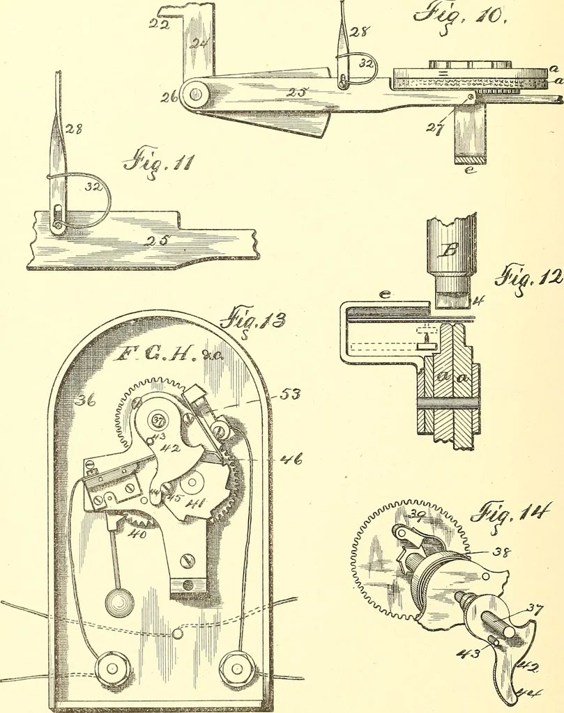 An illustration from U.S. patents covering time keeping mechanisms, 1892, leaf 485