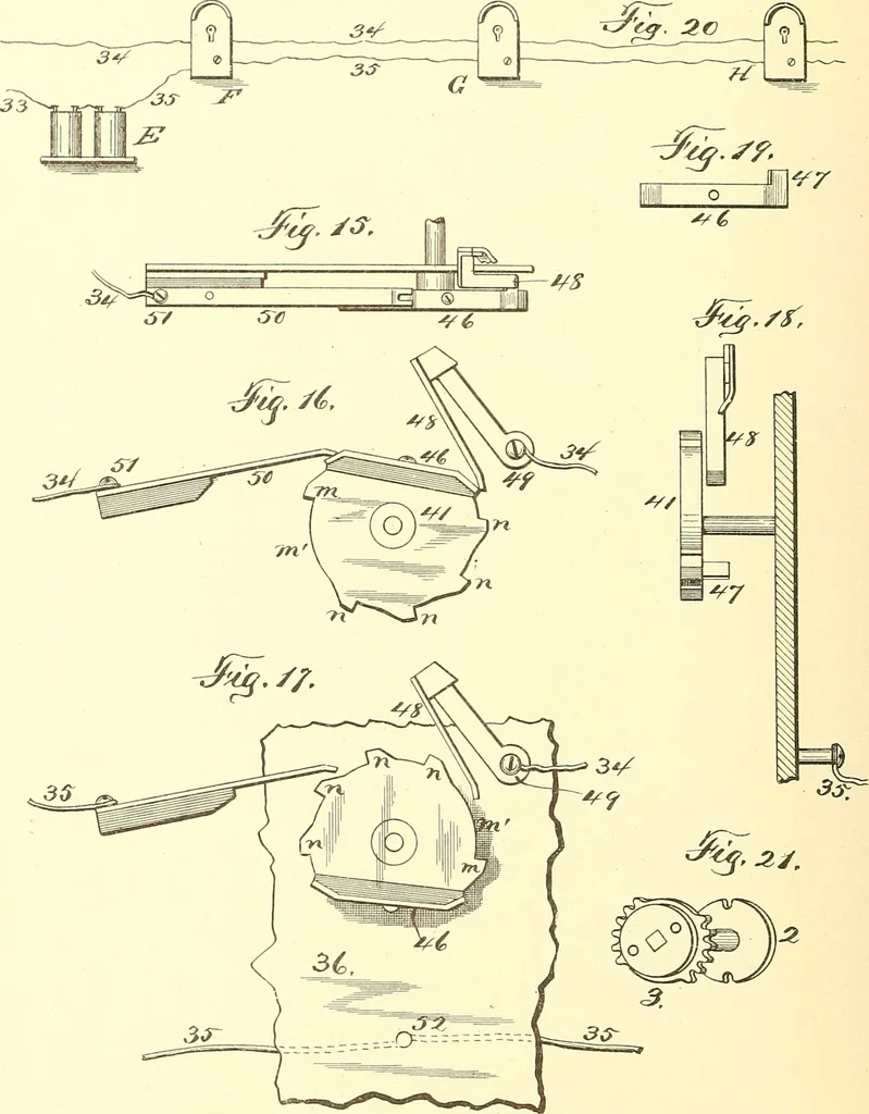 An illustration from U.S. patents covering time keeping mechanisms, 1892, leaf 487