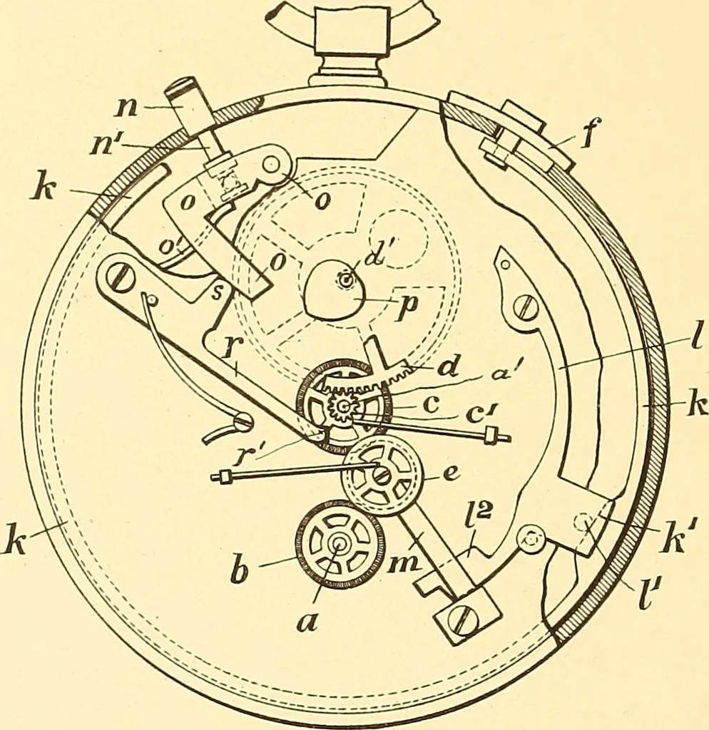 An illustration from U.S. patents covering time keeping mechanisms, 1892, leaf 495