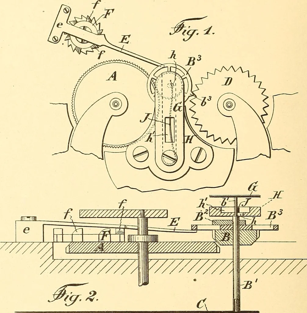 An illustration from U.S. patents covering time keeping mechanisms, 1892, leaf 499