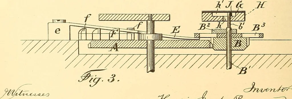 An illustration from U.S. patents covering time keeping mechanisms, 1892, leaf 499