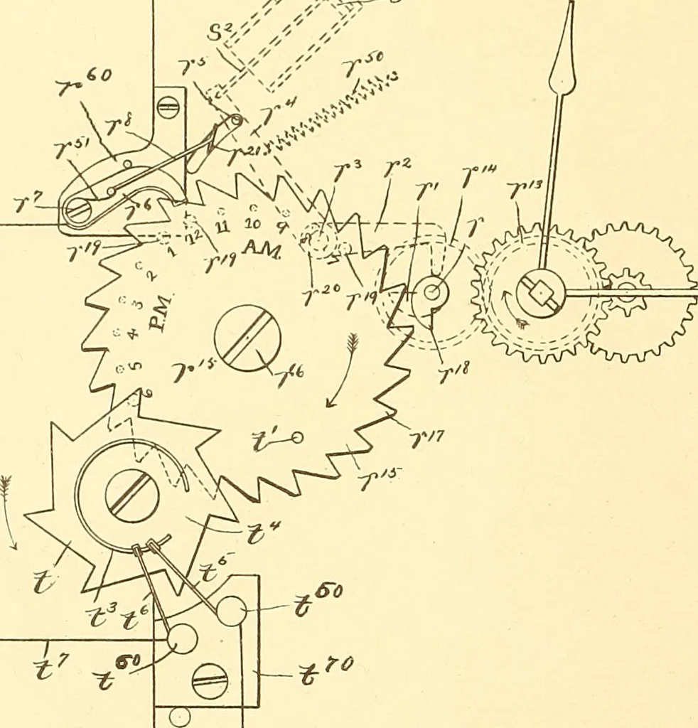 An illustration from U.S. patents covering time keeping mechanisms, 1892, leaf 503