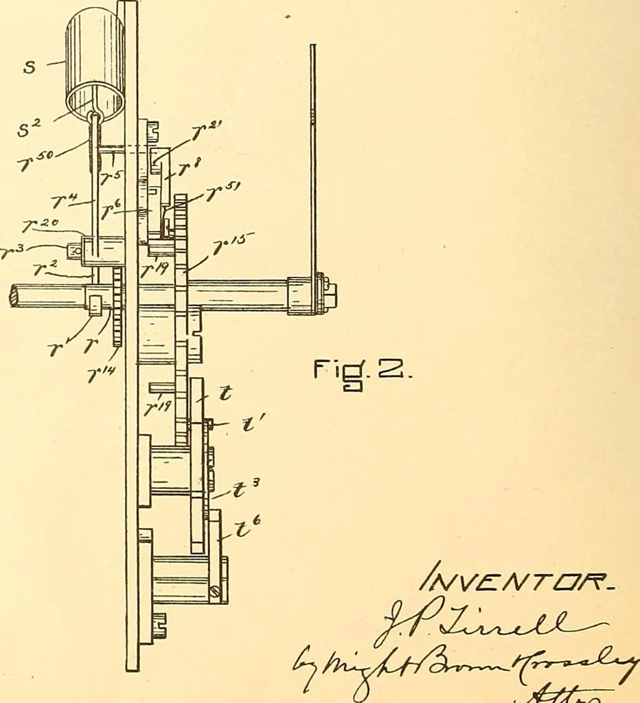 An illustration from U.S. patents covering time keeping mechanisms, 1892, leaf 503
