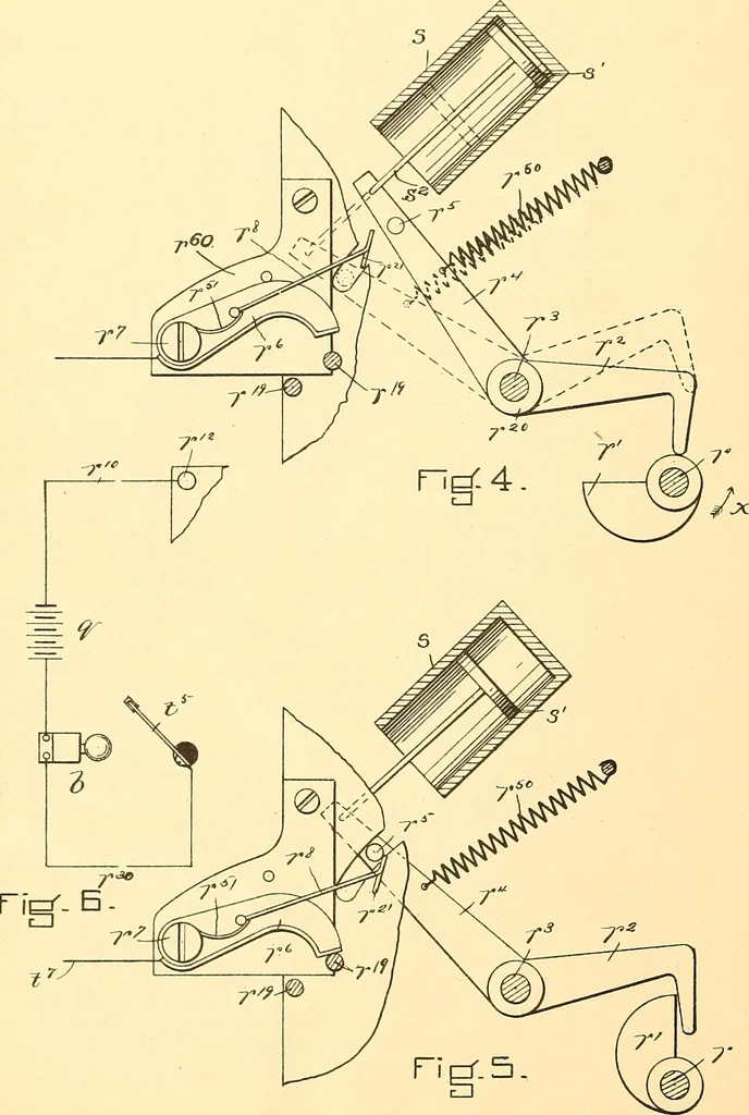 An illustration from U.S. patents covering time keeping mechanisms, 1892, leaf 505