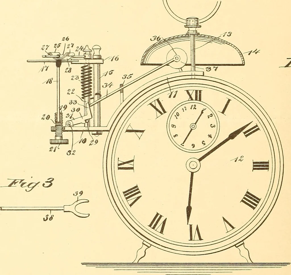 An illustration from U.S. patents covering time keeping mechanisms, 1892, leaf 511