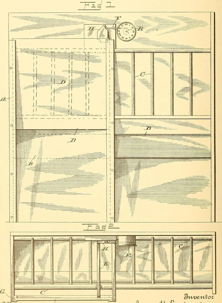 An illustration from U.S. patents covering time keeping mechanisms, 1892, leaf 519