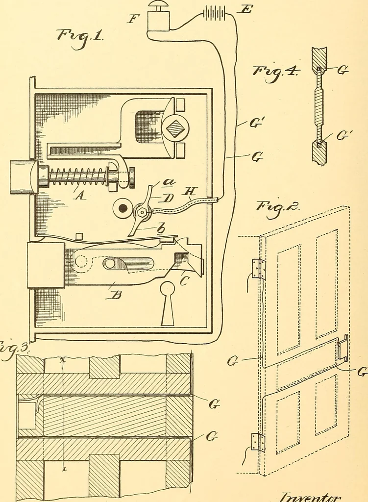 An illustration from U.S. patents covering time keeping mechanisms, 1892, leaf 525