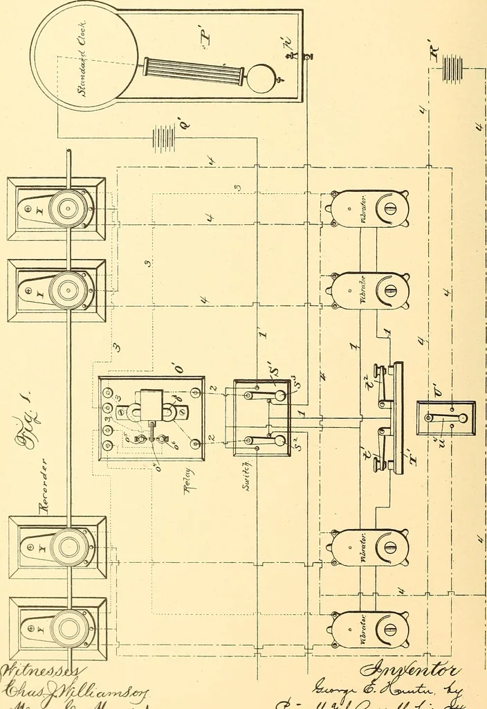 An illustration from U.S. patents covering time keeping mechanisms, 1892, leaf 529