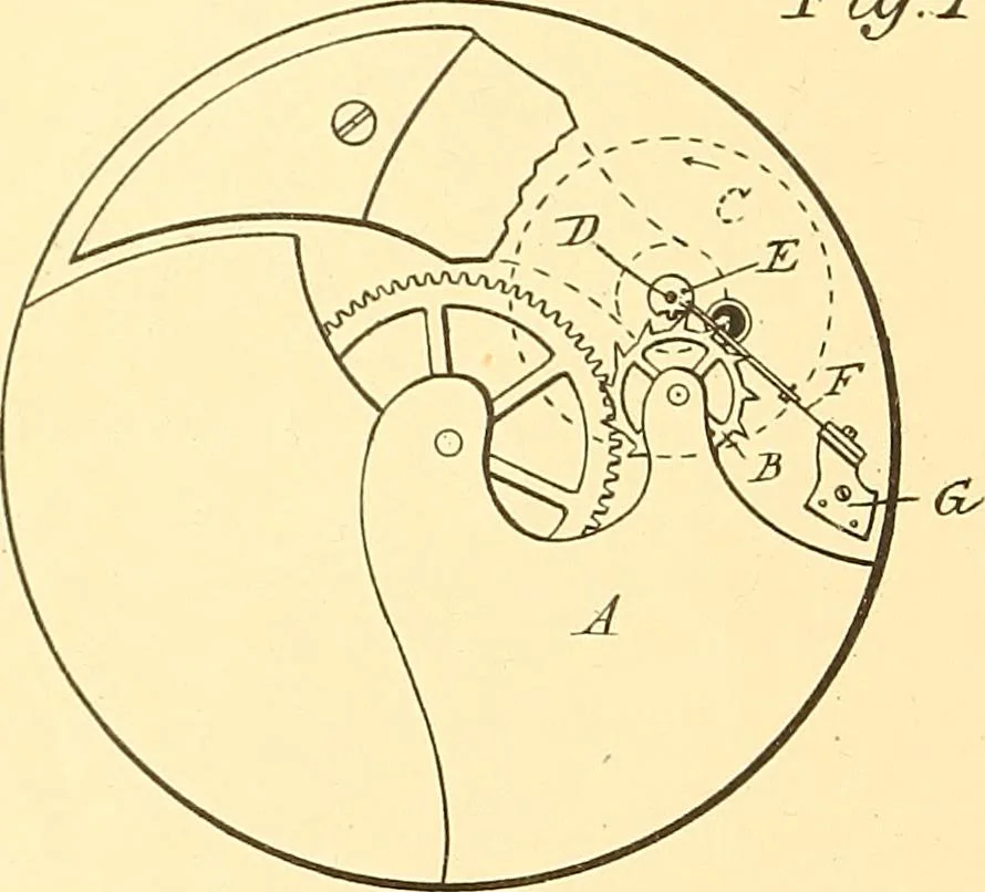 An illustration from U.S. patents covering time keeping mechanisms, 1892, leaf 53