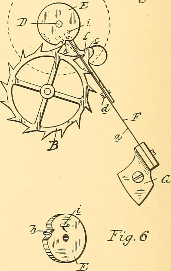 An illustration from U.S. patents covering time keeping mechanisms, 1892, leaf 53