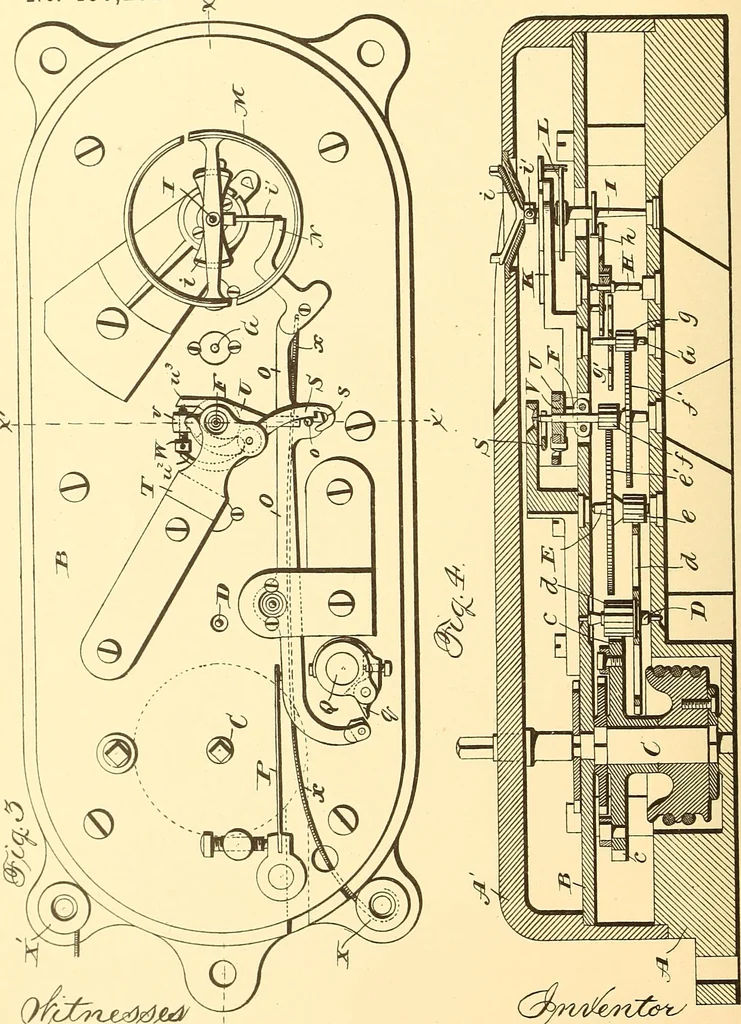 An illustration from U.S. patents covering time keeping mechanisms, 1892, leaf 533