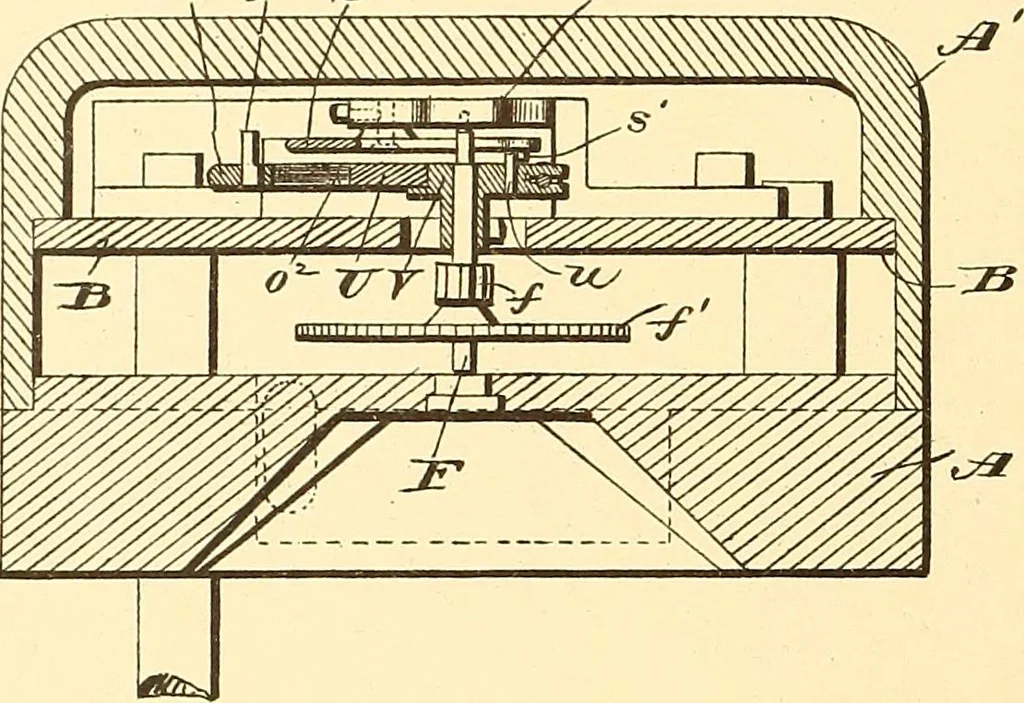 An illustration from U.S. patents covering time keeping mechanisms, 1892, leaf 535
