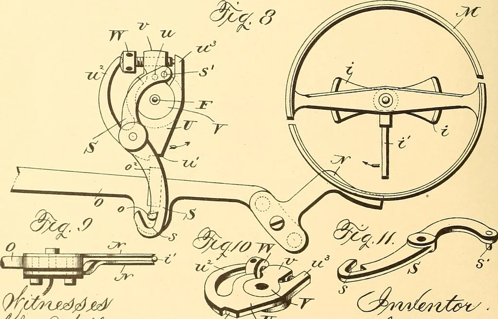 An illustration from U.S. patents covering time keeping mechanisms, 1892, leaf 537