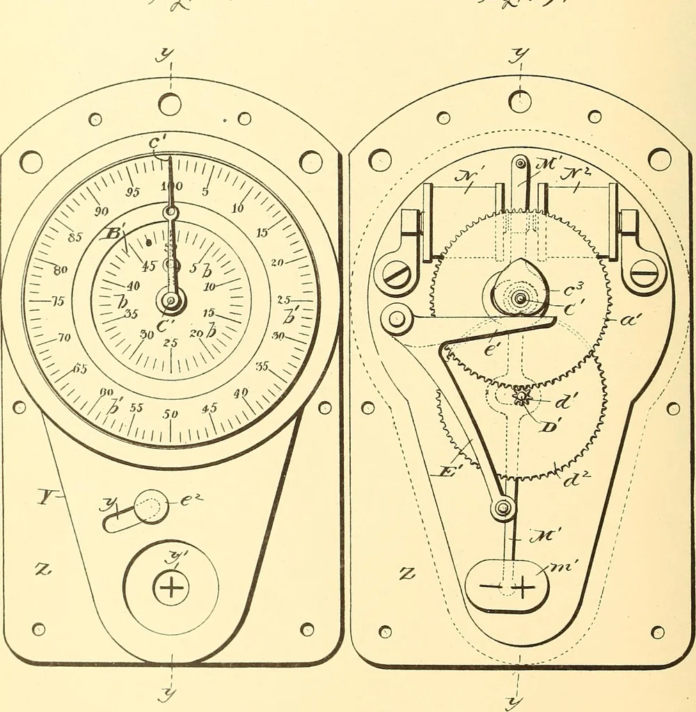 An illustration from U.S. patents covering time keeping mechanisms, 1892, leaf 545