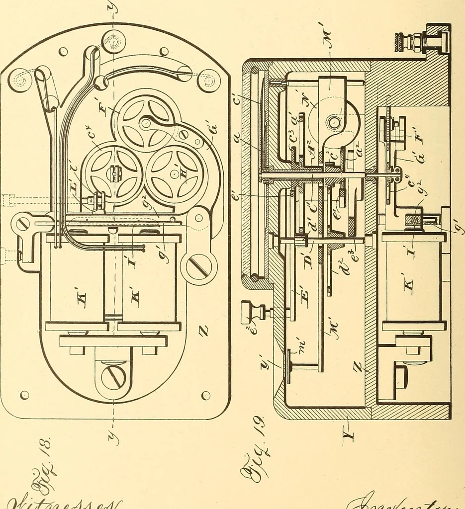 An illustration from U.S. patents covering time keeping mechanisms, 1892, leaf 547