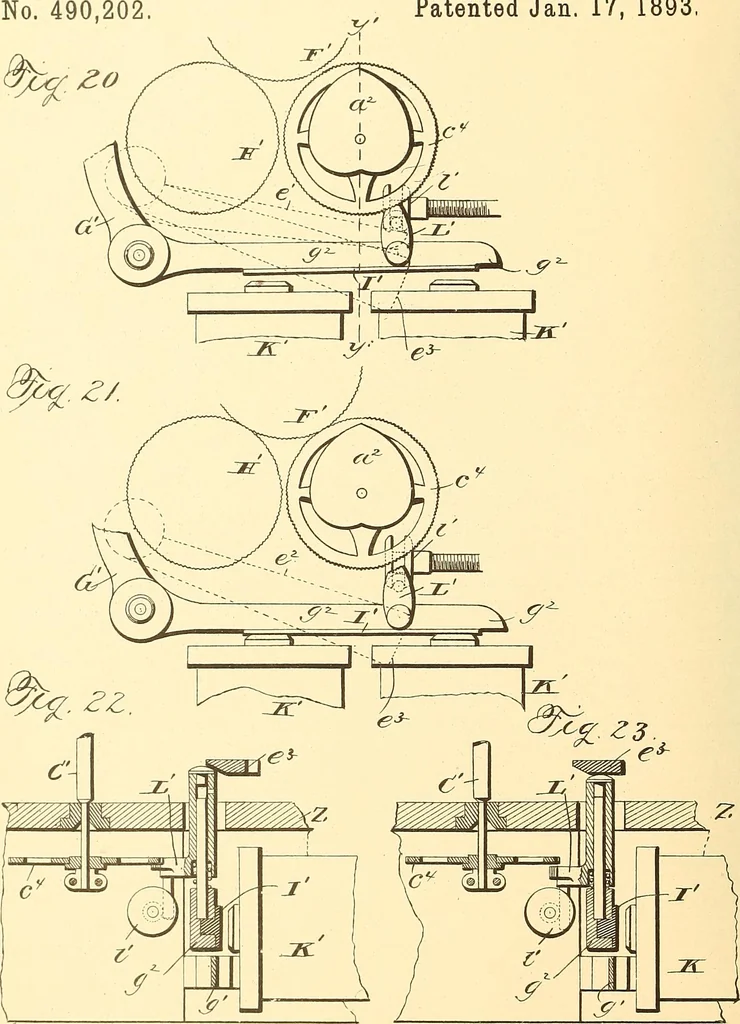 An illustration from U.S. patents covering time keeping mechanisms, 1892, leaf 549