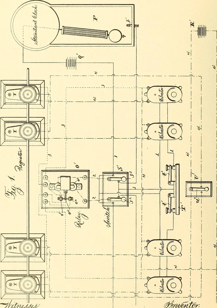 An illustration from U.S. patents covering time keeping mechanisms, 1892, leaf 569