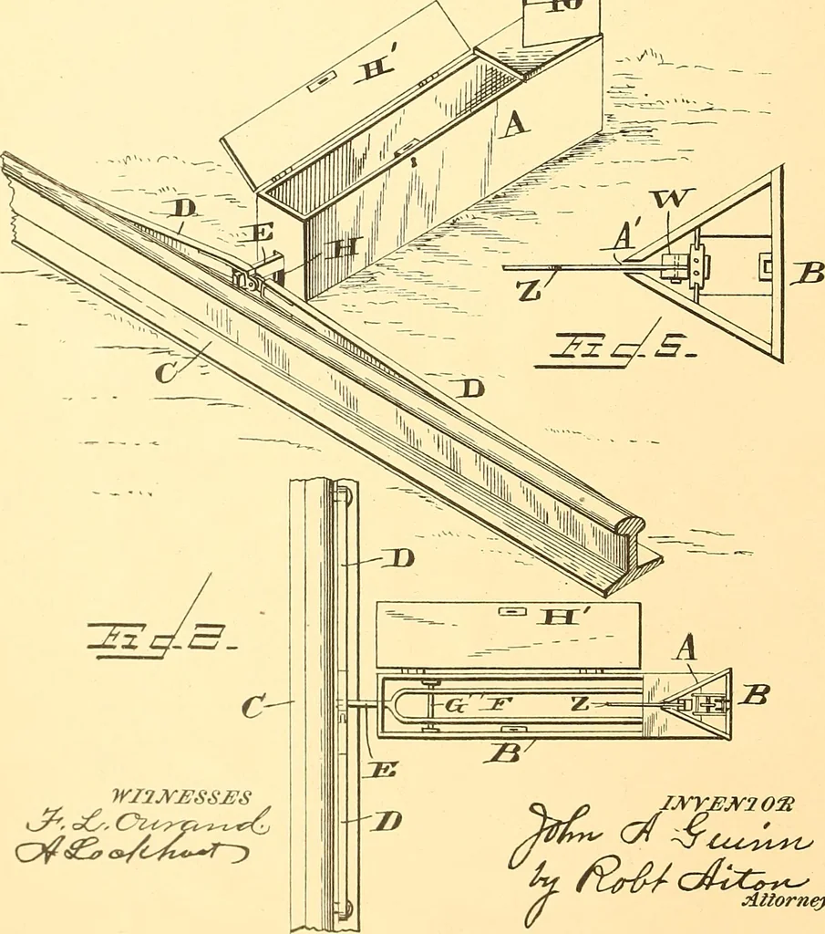 An illustration from U.S. patents covering time keeping mechanisms, 1892, leaf 57