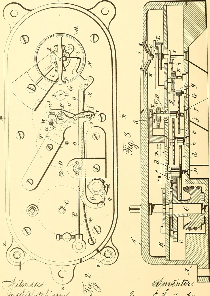 An illustration from U.S. patents covering time keeping mechanisms, 1892, leaf 571