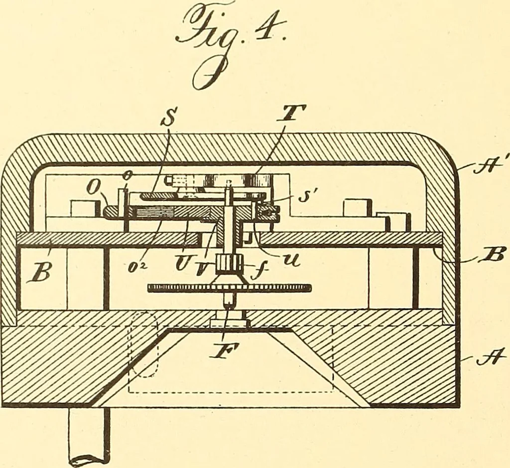 An illustration from U.S. patents covering time keeping mechanisms, 1892, leaf 573