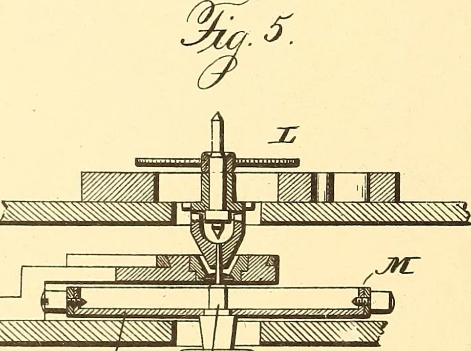 An illustration from U.S. patents covering time keeping mechanisms, 1892, leaf 573