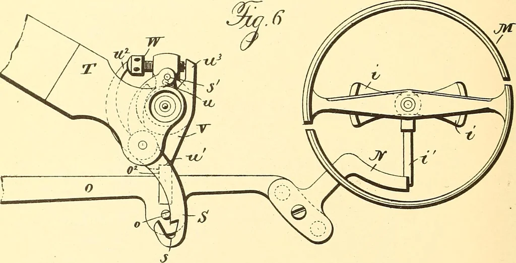 An illustration from U.S. patents covering time keeping mechanisms, 1892, leaf 575