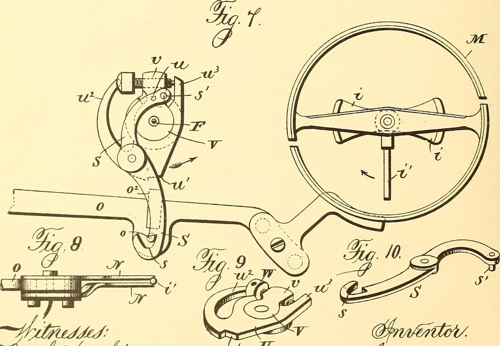 An illustration from U.S. patents covering time keeping mechanisms, 1892, leaf 575