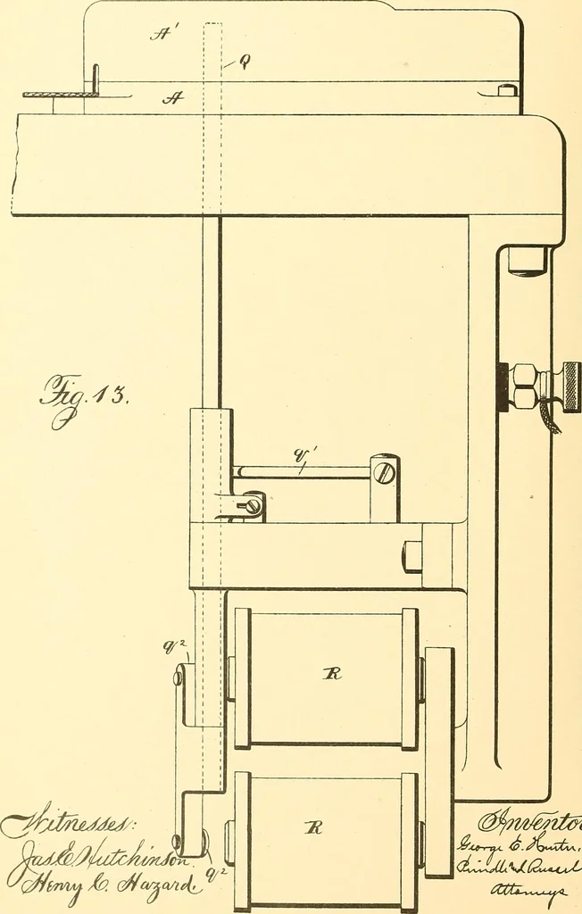 An illustration from U.S. patents covering time keeping mechanisms, 1892, leaf 579
