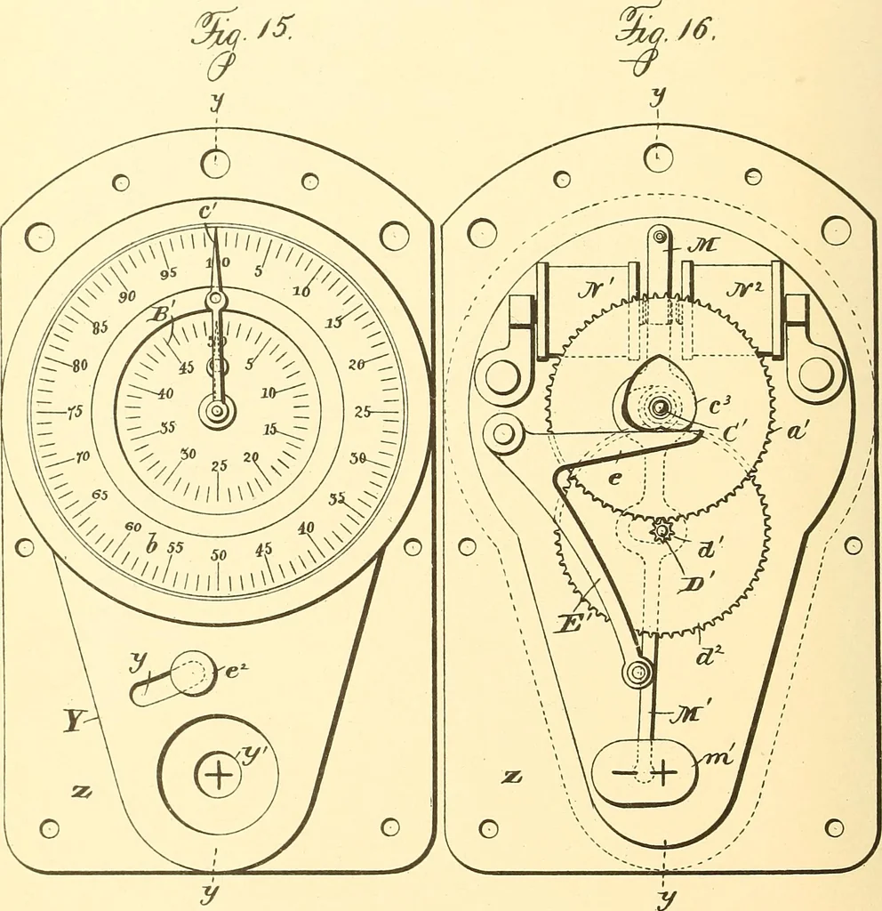 An illustration from U.S. patents covering time keeping mechanisms, 1892, leaf 583