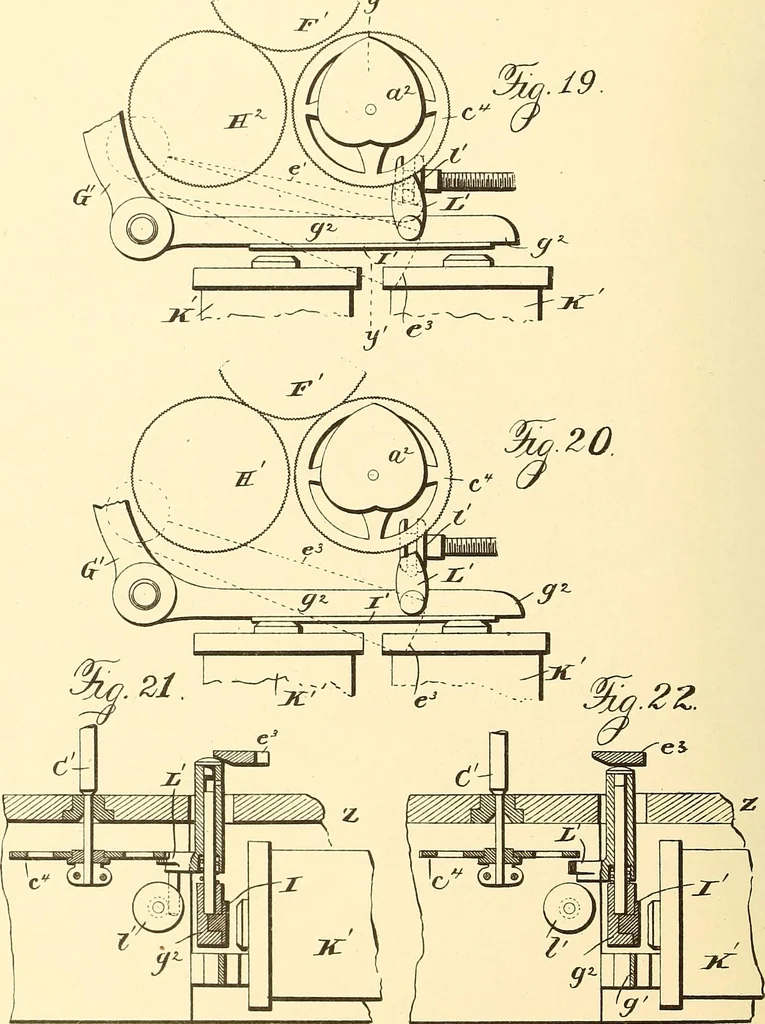 An illustration from U.S. patents covering time keeping mechanisms, 1892, leaf 587