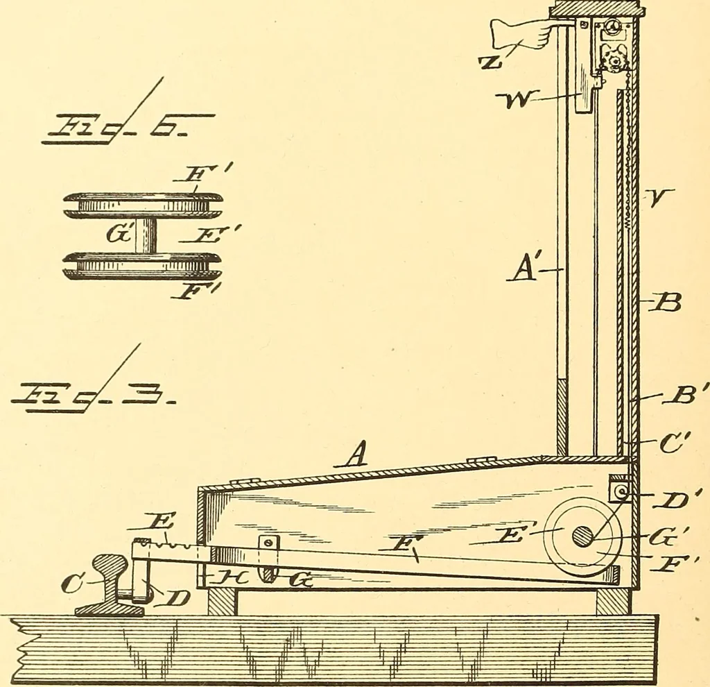 An illustration from U.S. patents covering time keeping mechanisms, 1892, leaf 59