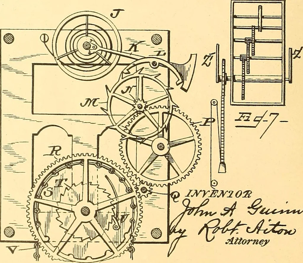 An illustration from U.S. patents covering time keeping mechanisms, 1892, leaf 59