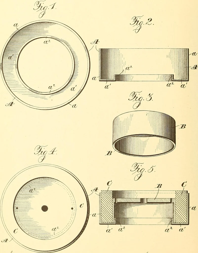 An illustration from U.S. patents covering time keeping mechanisms, 1892, leaf 595