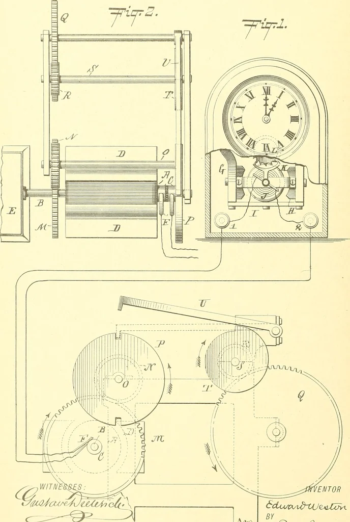 An illustration from U.S. patents covering time keeping mechanisms, 1892, leaf 599