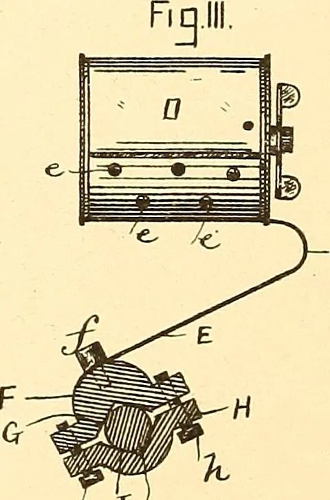 An illustration from U.S. patents covering time keeping mechanisms, 1892, leaf 605