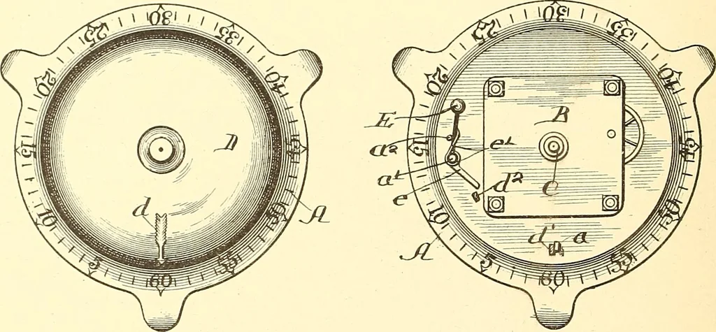 An illustration from U.S. patents covering time keeping mechanisms, 1892, leaf 609
