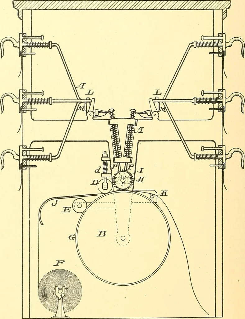 An illustration from U.S. patents covering time keeping mechanisms, 1892, leaf 617