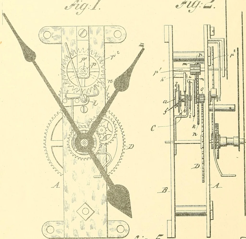 An illustration from U.S. patents covering time keeping mechanisms, 1892, leaf 623