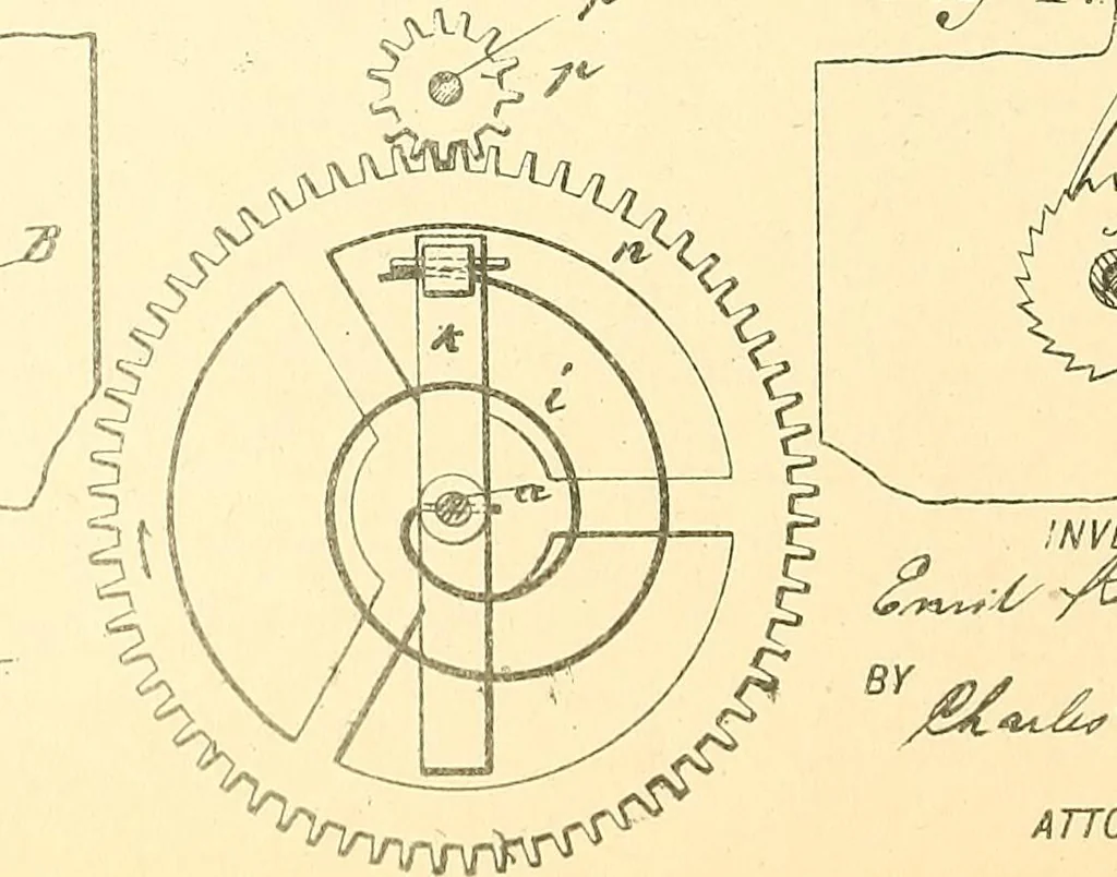 An illustration from U.S. patents covering time keeping mechanisms, 1892, leaf 623