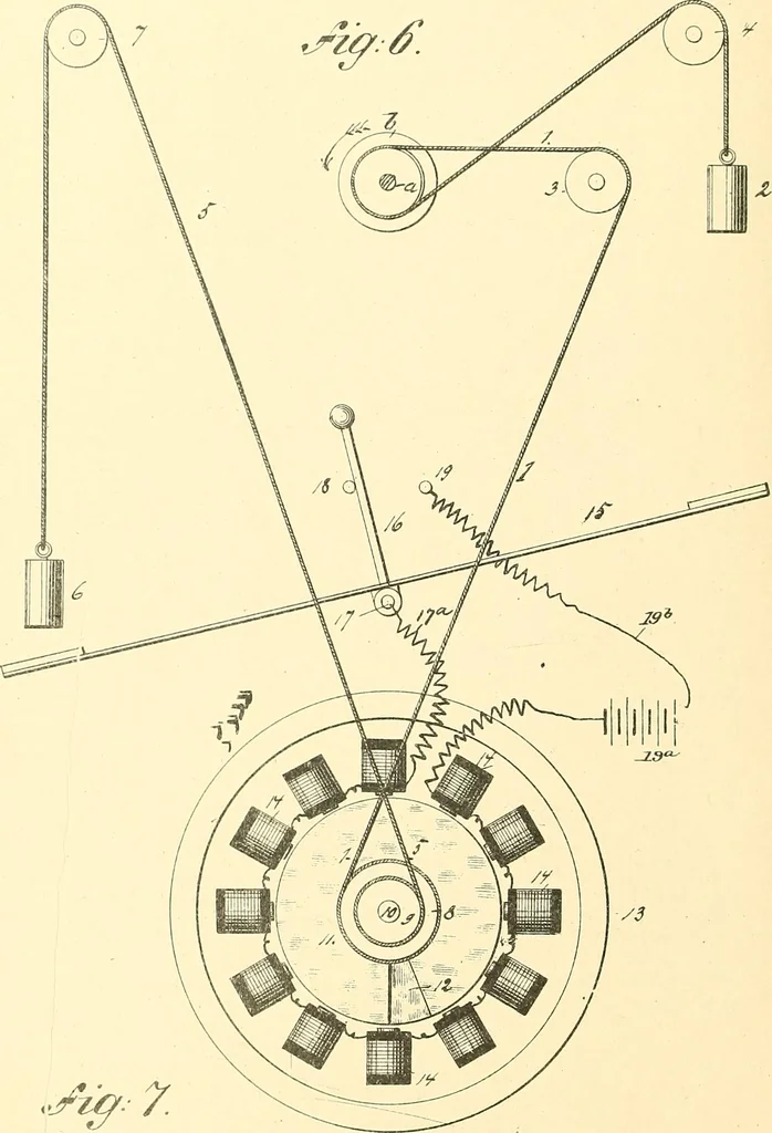 An illustration from U.S. patents covering time keeping mechanisms, 1892, leaf 625