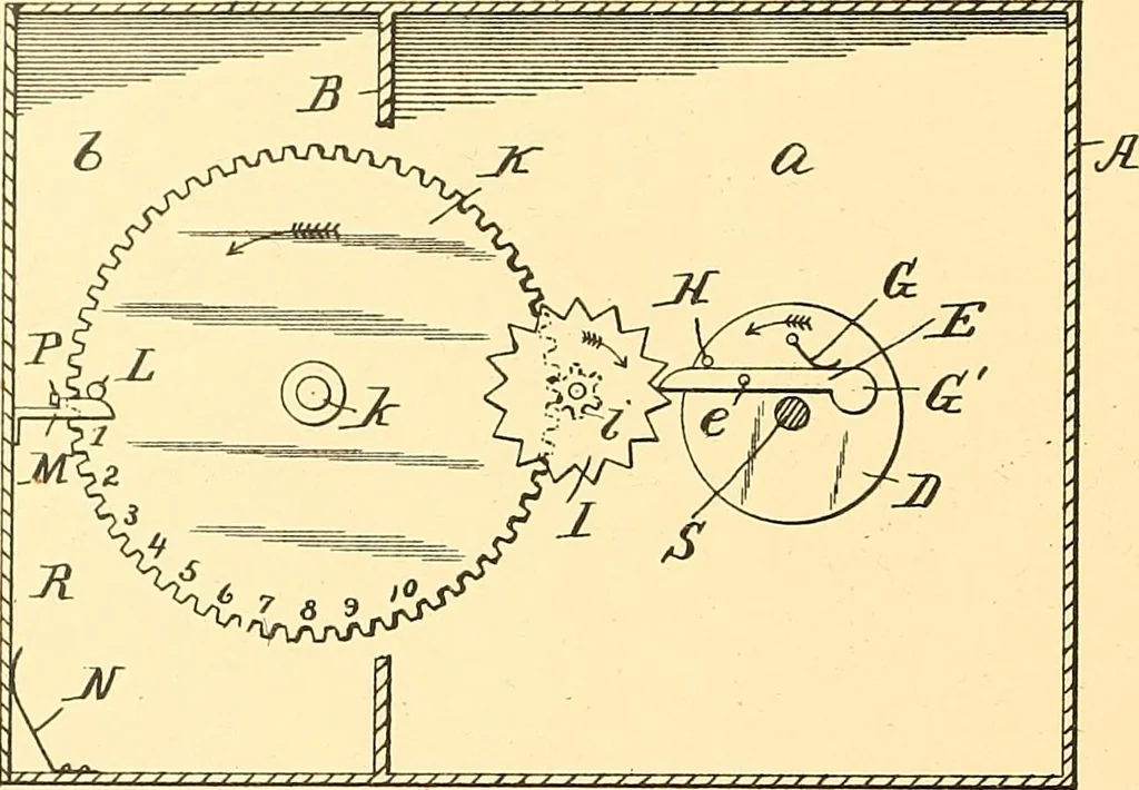 An illustration from U.S. patents covering time keeping mechanisms, 1892, leaf 63