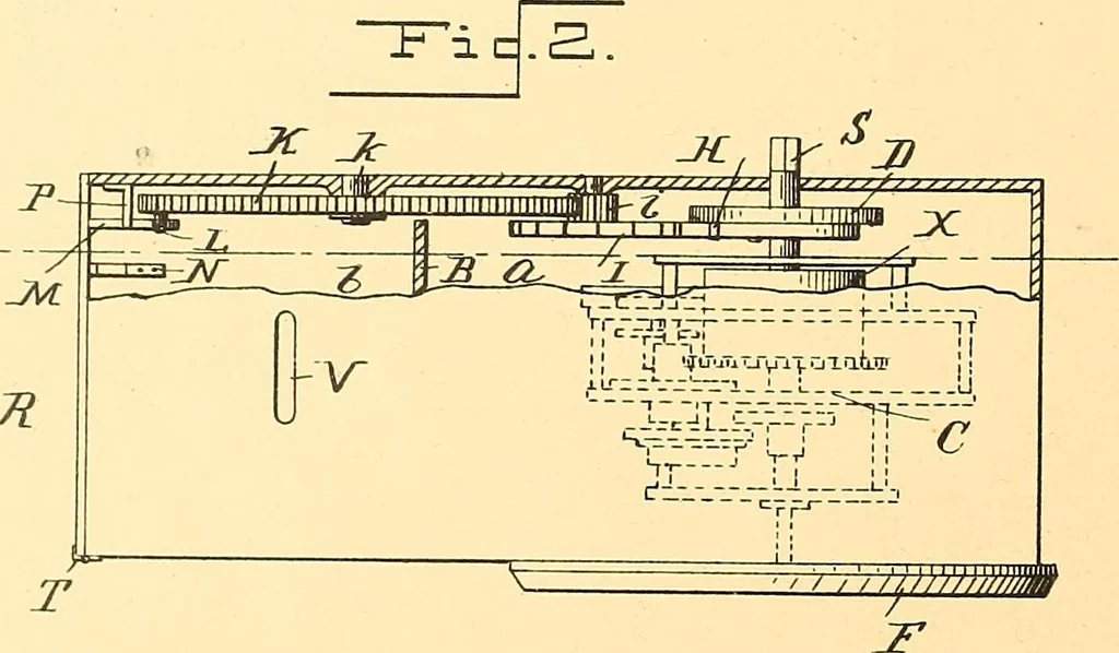 An illustration from U.S. patents covering time keeping mechanisms, 1892, leaf 63