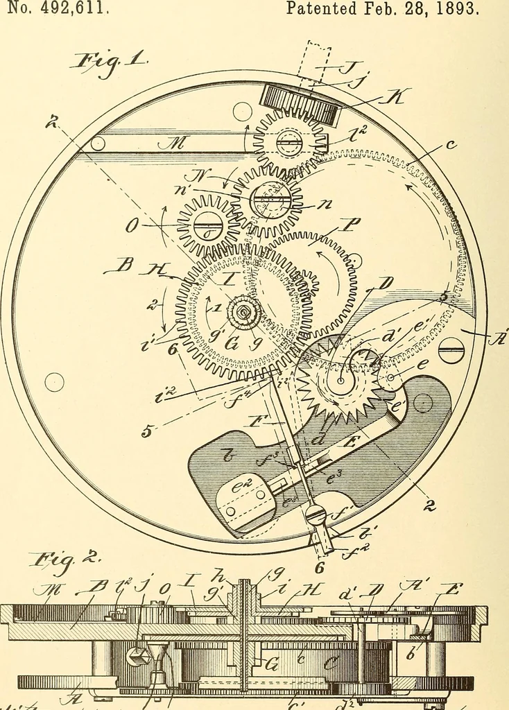 An illustration from U.S. patents covering time keeping mechanisms, 1892, leaf 631