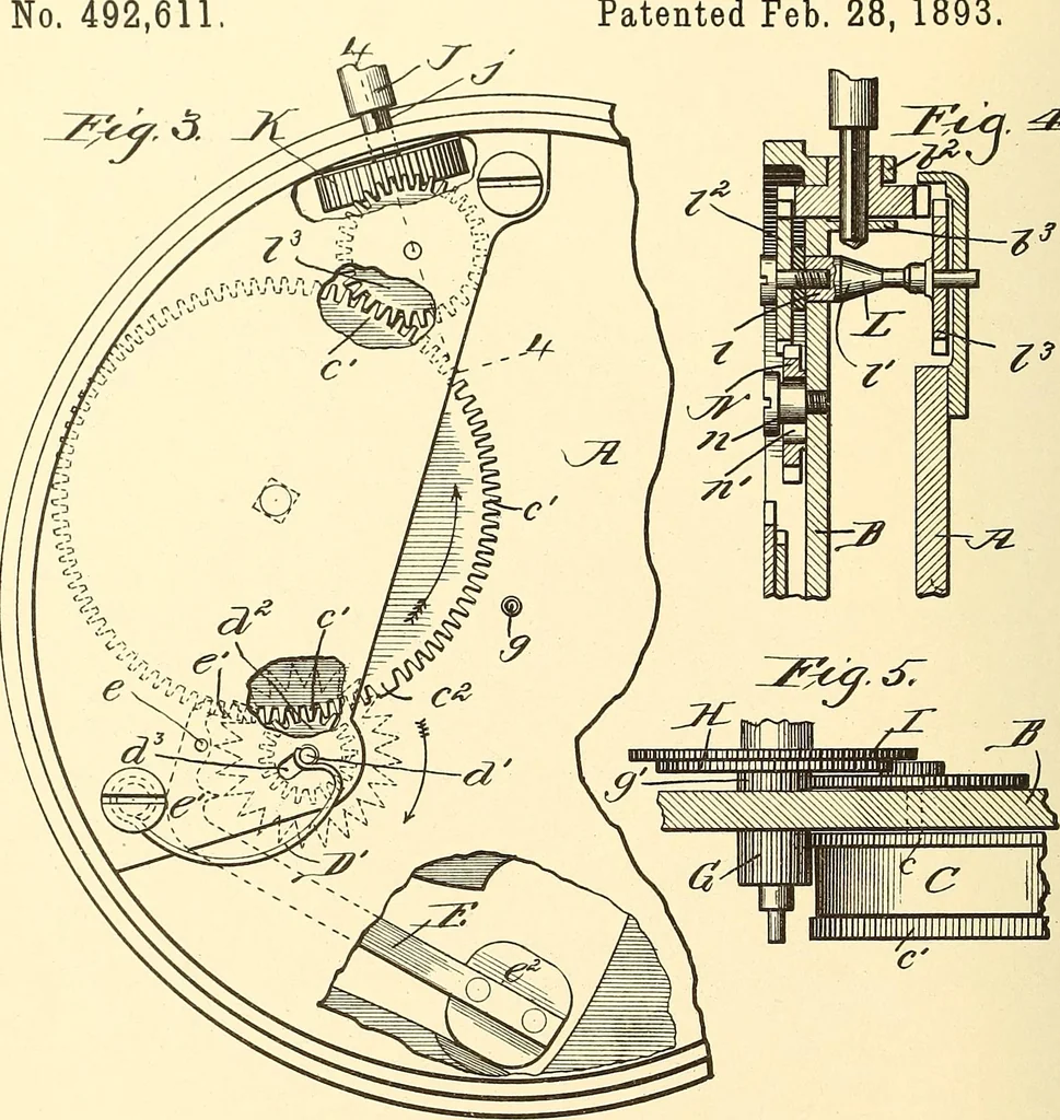 An illustration from U.S. patents covering time keeping mechanisms, 1892, leaf 633