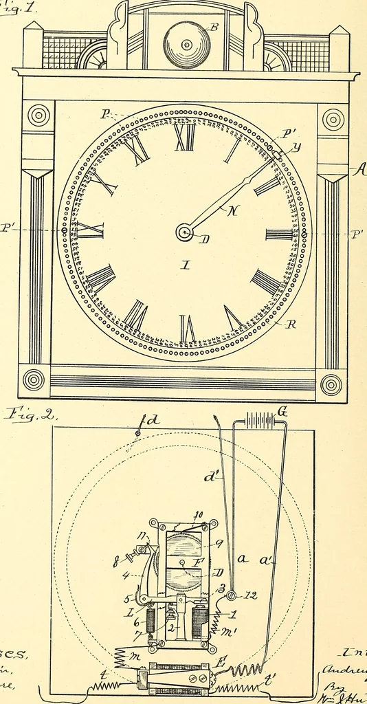 An illustration from U.S. patents covering time keeping mechanisms, 1892, leaf 639