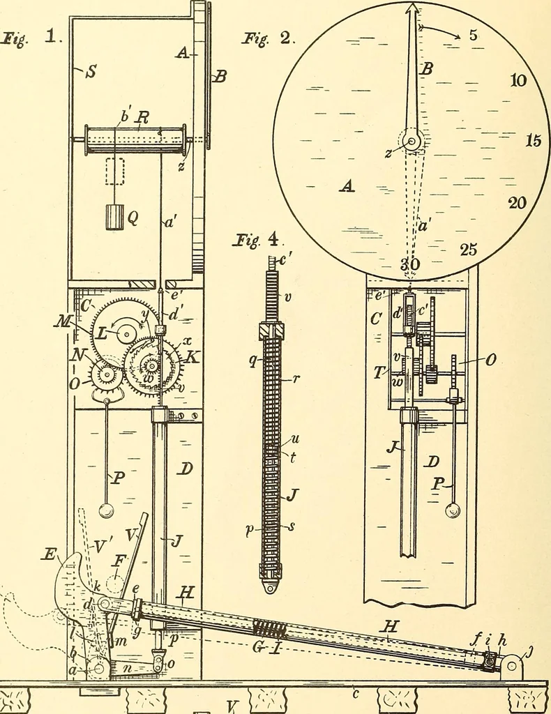 An illustration from U.S. patents covering time keeping mechanisms, 1892, leaf 647