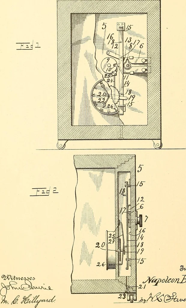 An illustration from U.S. patents covering time keeping mechanisms, 1892, leaf 653