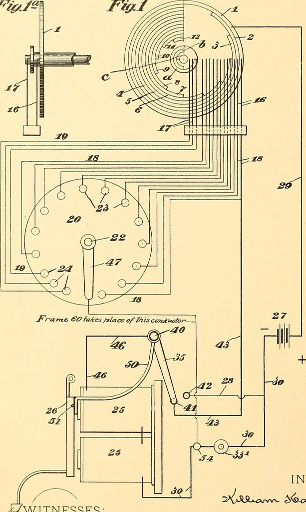 An illustration from U.S. patents covering time keeping mechanisms, 1892, leaf 657