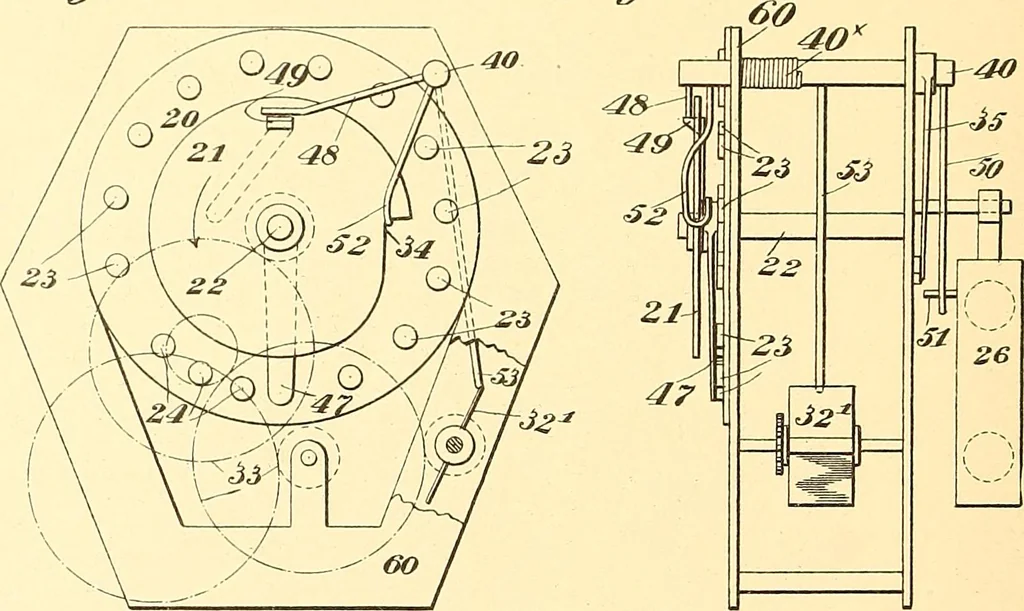 An illustration from U.S. patents covering time keeping mechanisms, 1892, leaf 659