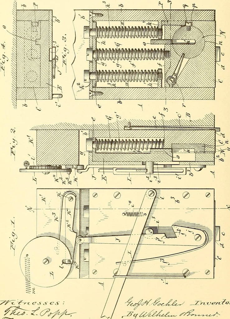 An illustration from U.S. patents covering time keeping mechanisms, 1892, leaf 665
